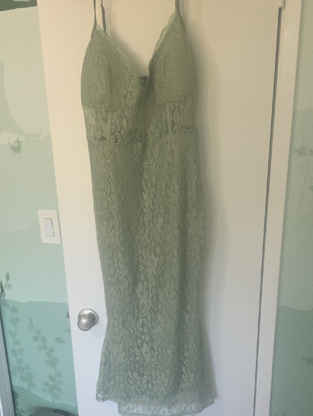Sage Green Lace Slip Dress with Spaghetti Straps